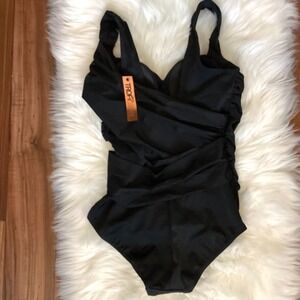 Swimsuits for All Tropiculture One Piece V-neck Draped Rouged Swimsuit Black 10